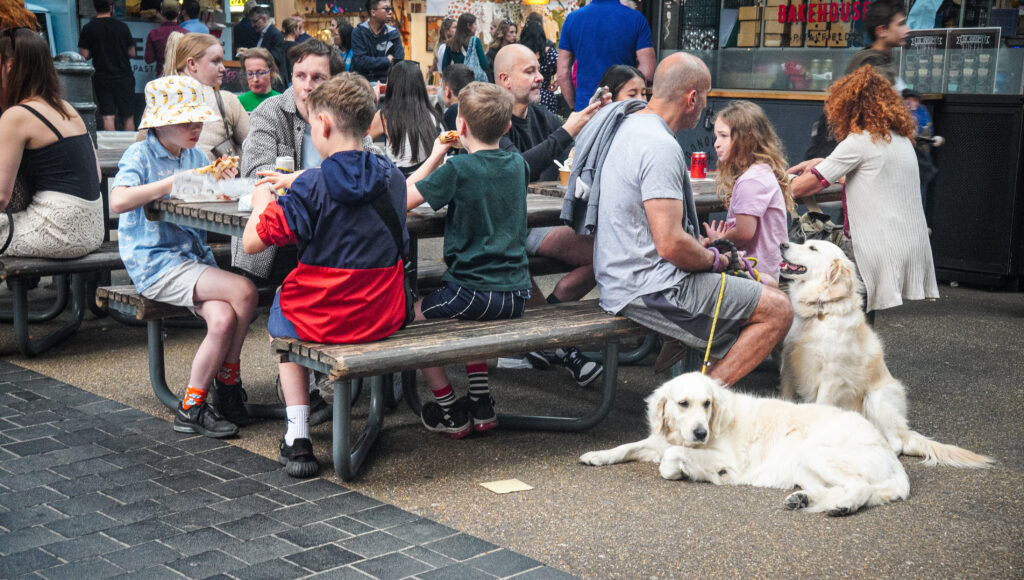 Family picnic benches with dogs – Spitalfields – Families and golden retrievers relaxing at outdoor benches in Old Spitalfields Market courtyard.