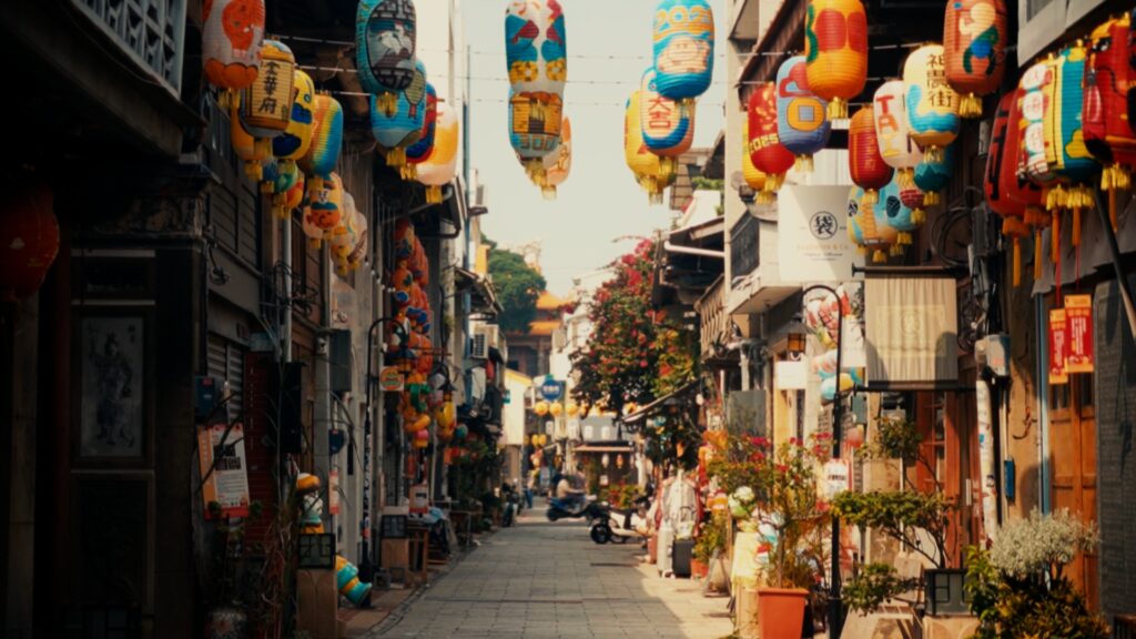 Colorful Chinese New Year lanterns hanging over Shennong Street in Tainan